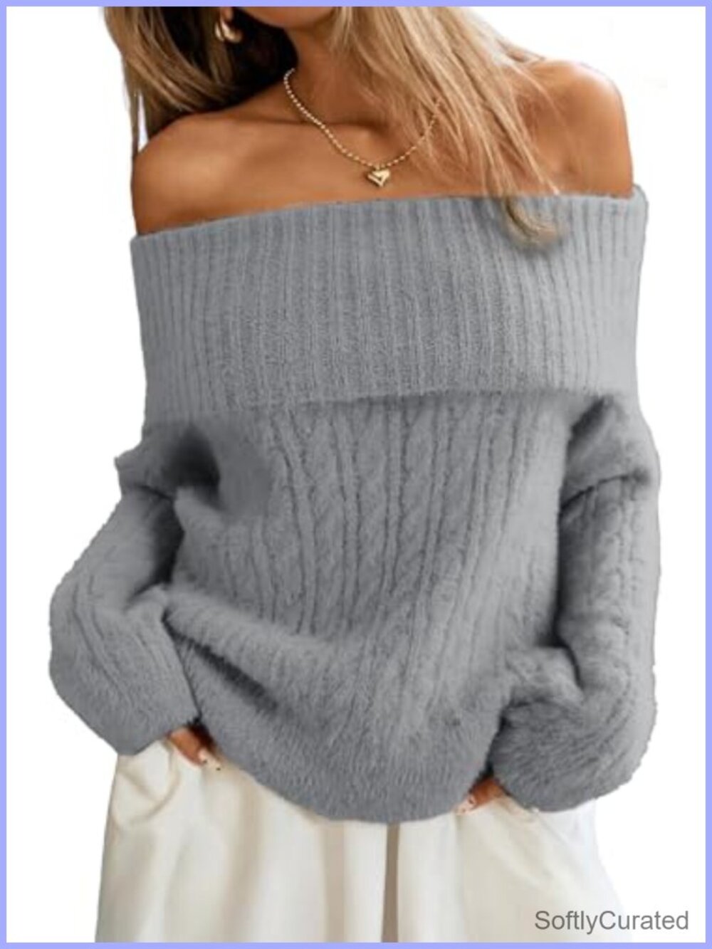 Women's Off Shoulder Cable Knit Sweater Soft Oversized Pullover